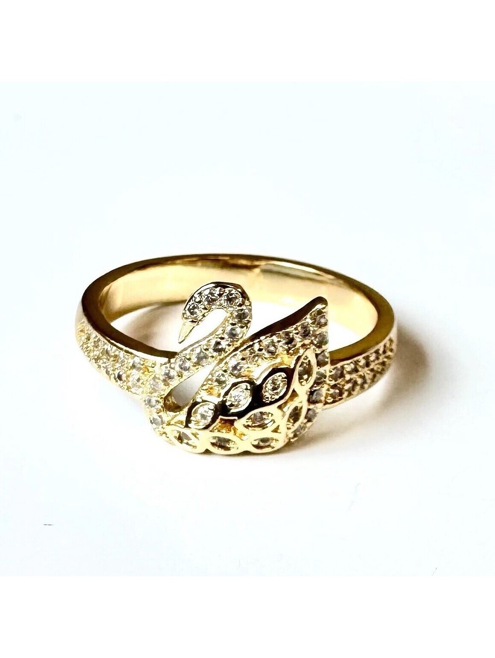 Gold Tone Pavé Crystal Swan Statement Ring Sz 7.5